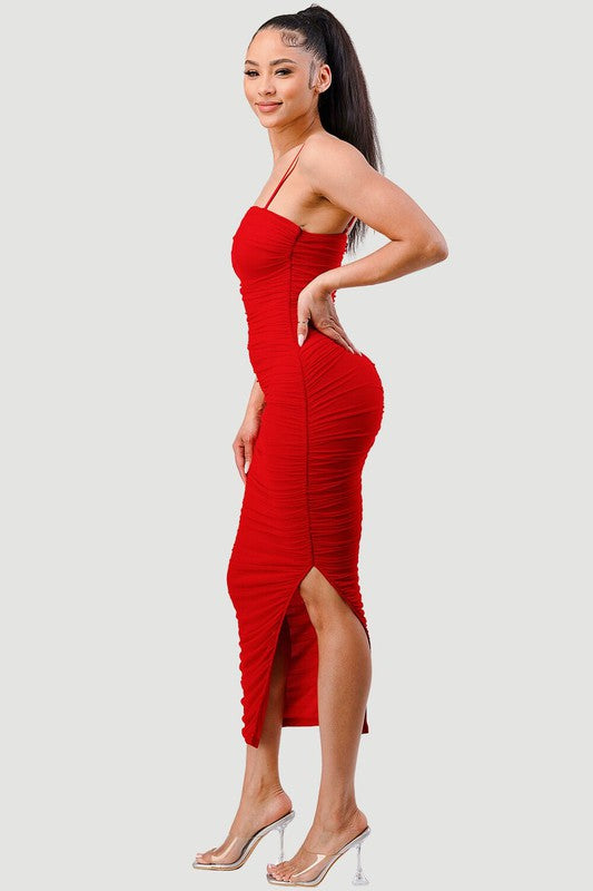 STYLED BY ALX COUTURE MIAMI BOUTIQUE Red Lux Ruched Mesh Layer Side Open Slitted Midi Dress