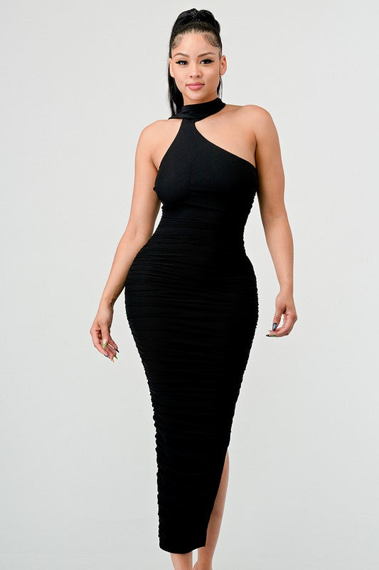 STYLED BY ALX COUTURE MIAMI BOUTIQUE Black Luxe Mesh Asymmetric Back Draped Ruched Midi Dress 