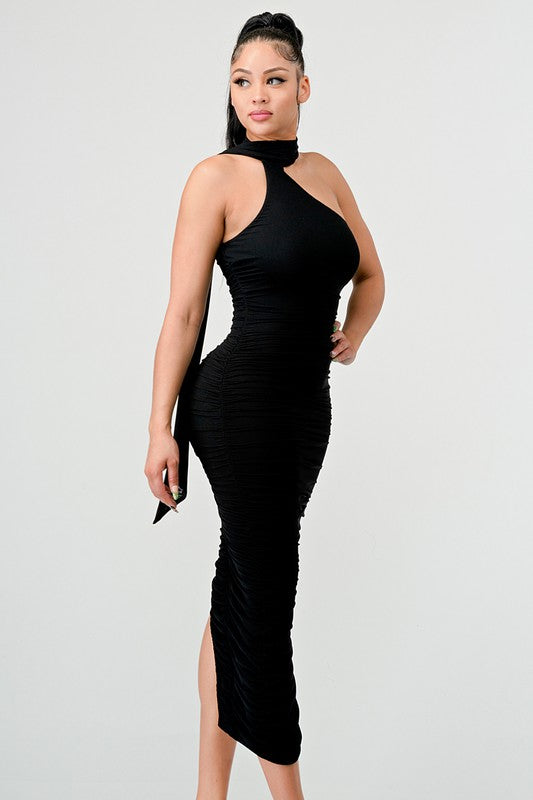 STYLED BY ALX COUTURE MIAMI BOUTIQUE Black Luxe Mesh Asymmetric Back Draped Ruched Midi Dress