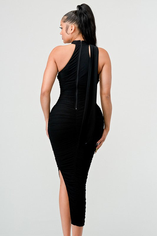 STYLED BY ALX COUTURE MIAMI BOUTIQUE Black Luxe Mesh Asymmetric Back Draped Ruched Midi Dress