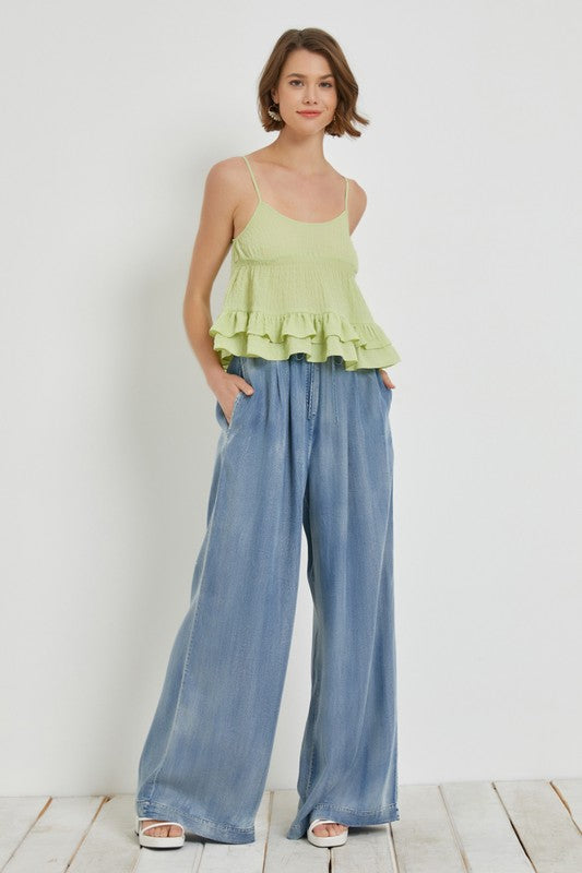 model is wearing Denim Elastic Waist Wide Leg Pants with a lime top and white sandals