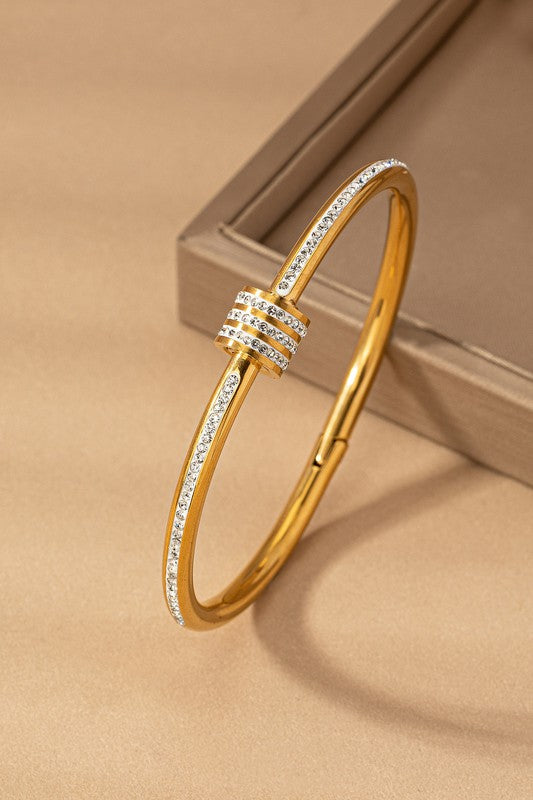 STYLED BY ALX COUTURE MAIMI BOUTIQUE Gold Stainless Rhinestone White Enamel Cylinder Bangle Bracelet