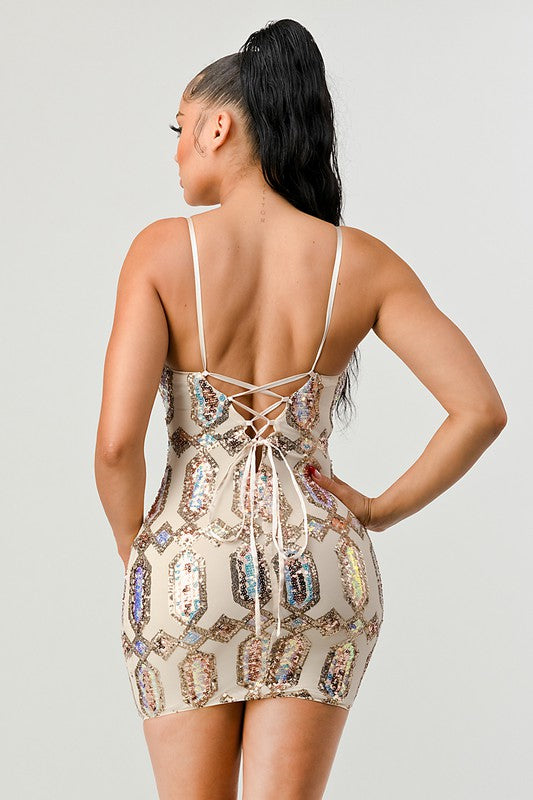 STYLED BY ALX COUTURE MIAMI BOUTIQUE Nude Luxe Pattern Sequins Drawstring Lace Up Mini Dress
