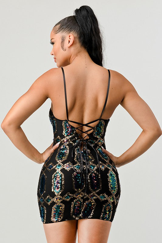 STYLED BY ALX COUTURE MIAMI BOUTIQUE Black Luxe Pattern Sequins Drawstring Lace Up Mini Dress