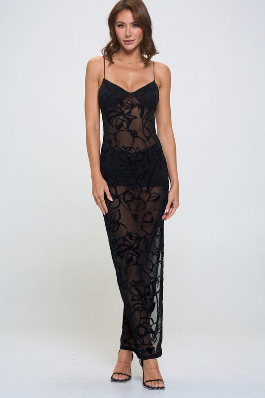 STYLED BY ALX COUTURE MIAMI BOUTIQUE Black Mesh Glitter Slit Maxi Dress