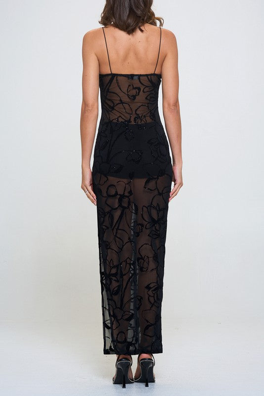 STYLED BY ALX COUTURE MIAMI BOUTIQUE Black Mesh Glitter Slit Maxi Dress