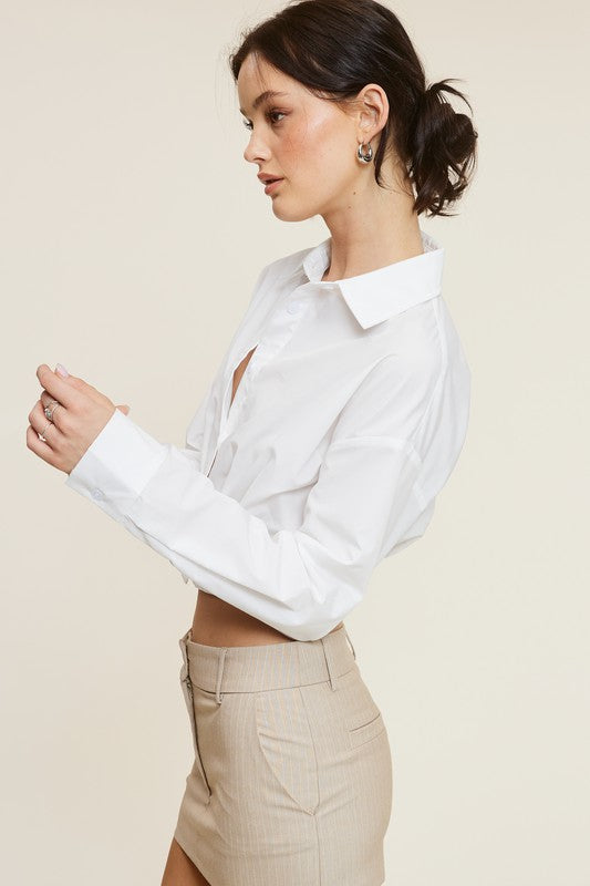 side view of the White Giselle Shirt a mini skirt