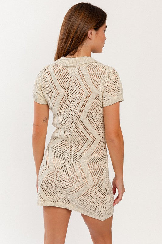 STYLED BY ALX COUTURE MIAMI BOUTIQUE Model is wearing Cream Button Down Short Sleeve Open Sweater Dress. Back view 