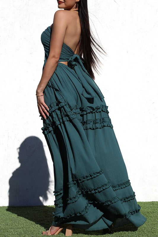 side of the Teal Green V Neck Maxi Dress