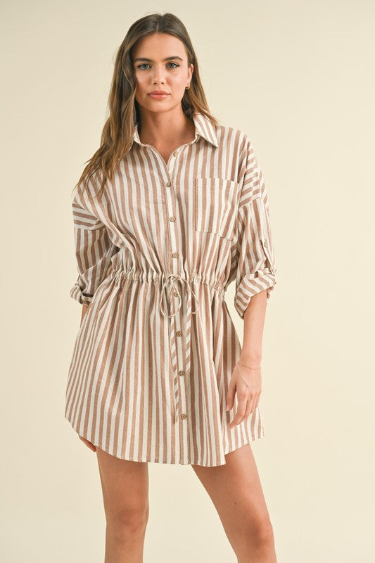 model is wearing Brown Stripe Shirt Dress