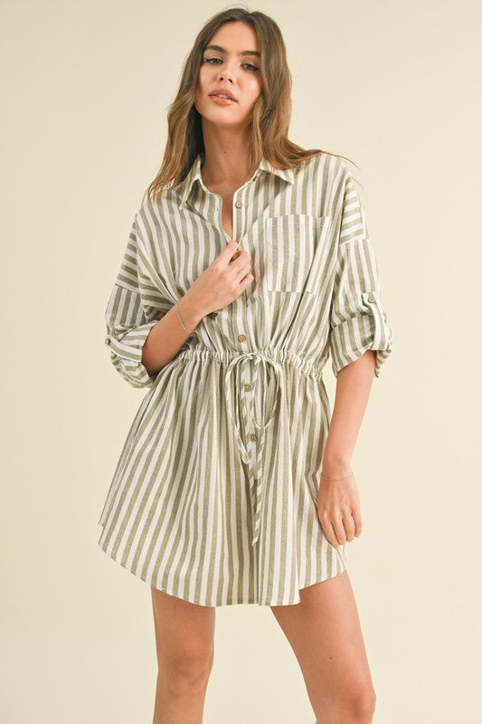 model is wearing Light Olive Stripe Shirt Dress
