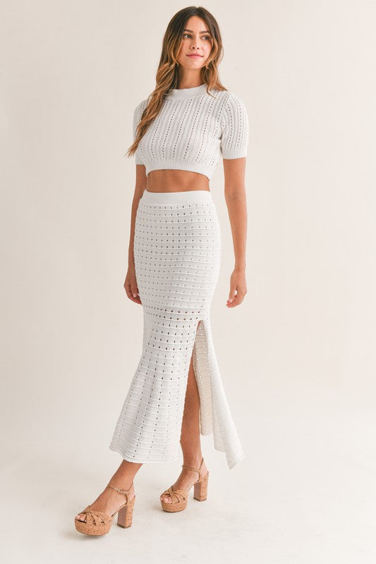 STYLED BY ALX COUTURE MIAMI BOUTIQUE Off White Pointelle Crop Top and Maxi Skirt Set
