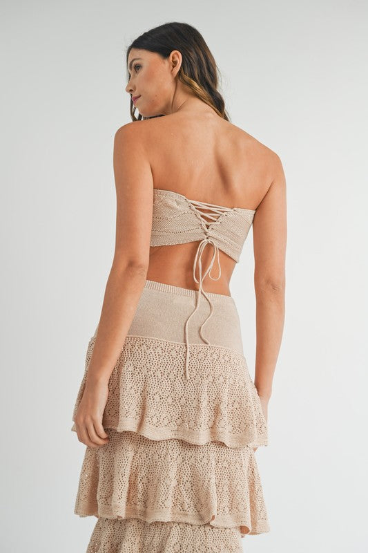 back of the Taupe Knit Crochet Maxi Skirt Set