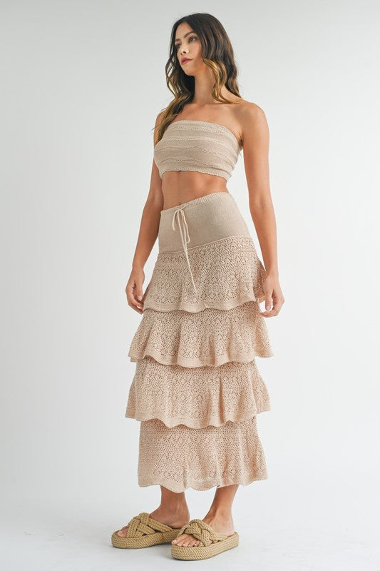 model is wearing Taupe Knit Crochet Maxi Skirt Set
