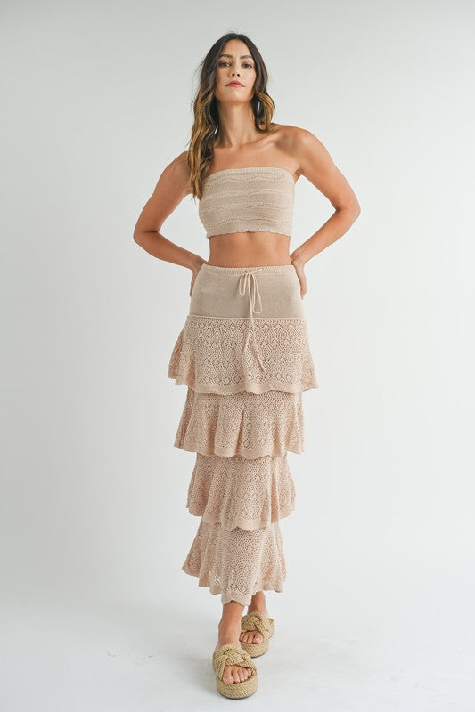 model is wearing Taupe Knit Crochet Maxi Skirt Set with straw platform sandals 