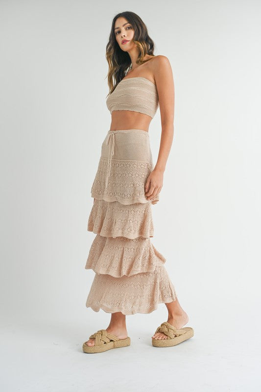 model wearing Taupe Knit Crochet Maxi Skirt Set with straw slide sandals 