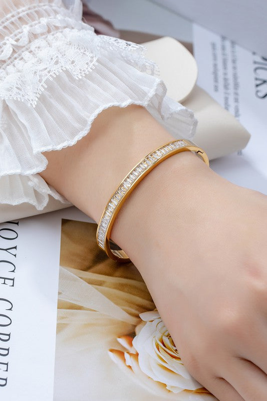 STYLED BY ALX COUTURE MIAMI BOUTIQUE Gold Waterproof CZ Stainless Steel Hinge Bangle Bracelet