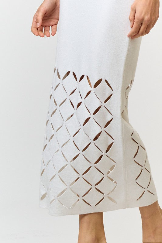 cutout detail of the White Cutout Detail Sweater Midi Dress