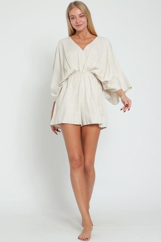 STYLED BY ALX COUTURE MIAMI BOUTIQUE Oatmeal Kimono Sleeve Tie Back Neck Elastic Romper