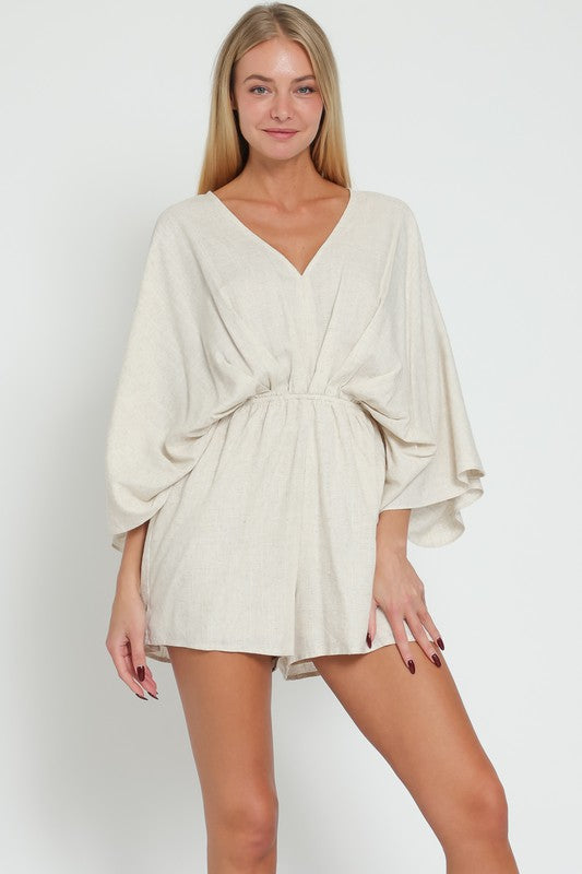 STYLED BY ALX COUTURE MIAMI BOUTIQUE Oatmeal Kimono Sleeve Tie Back Neck Elastic Romper 