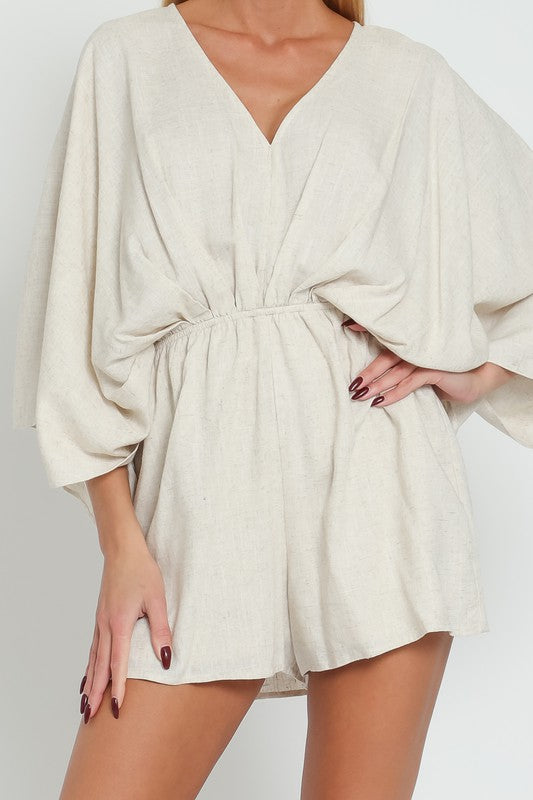 STYLED BY ALX COUTURE MIAMI BOUTIQUE Oatmeal Kimono Sleeve Tie Back Neck Elastic Romper