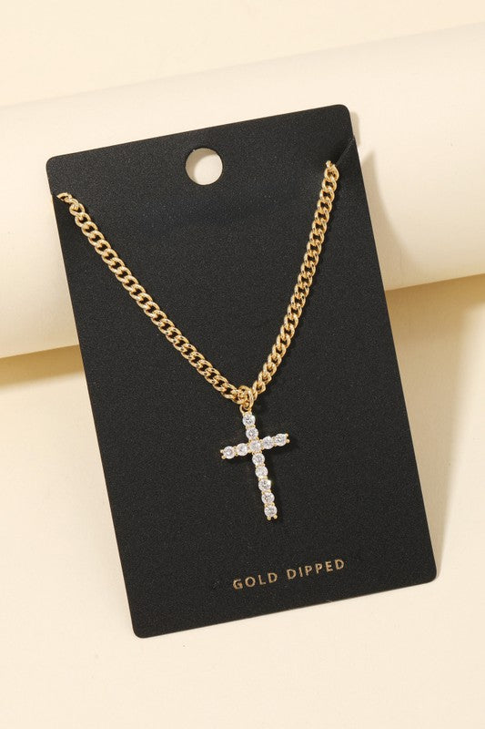 STYLED BY ALX COUTURE MIAMI BOUTIQUE Gold Dipped Rhinestone Cross Pendant Necklace
