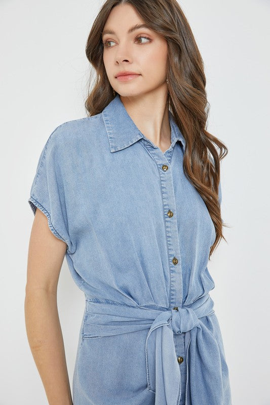 model is wearing Washed Denim Ruched Waist Tied Dress 