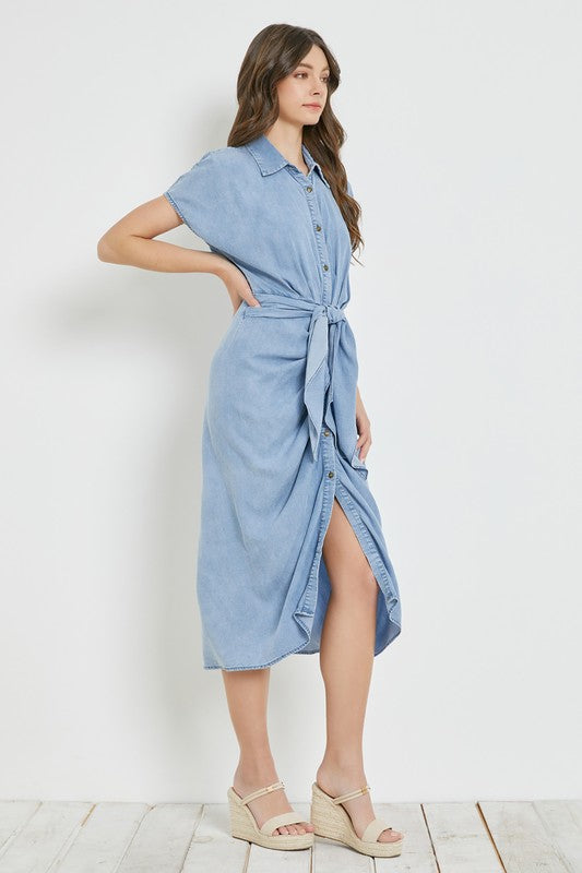 model is wearing Washed Denim Ruched Waist Tied Dress and natural wedges 