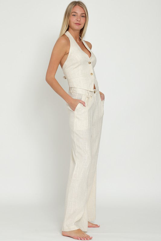 STYLED BY ALX COUTURE MIAMI BOUTIQUE Oatmeal Halter Vest Top and High Waisted Long Pants Set