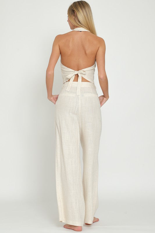 STYLED BY ALX COUTURE MIAMI BOUTIQUE Oatmeal Halter Vest Top and High Waisted Long Pants Set