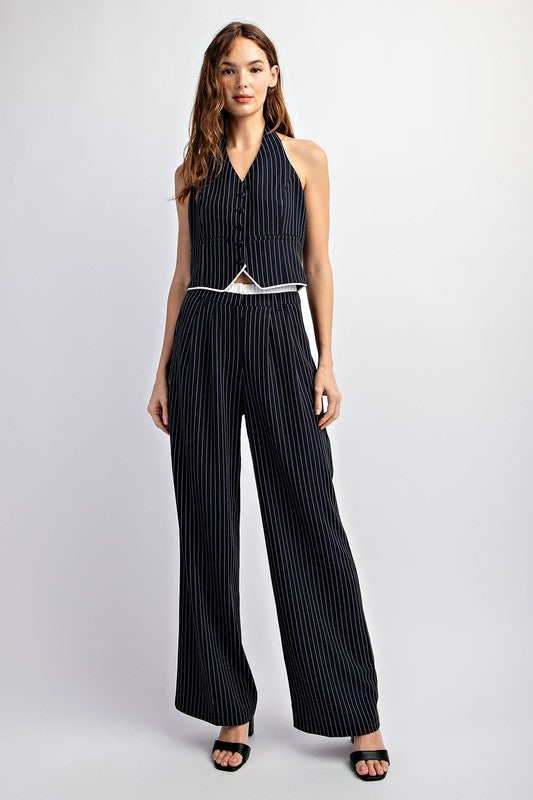 model is wearing Navy White Pinstriped Tailored Contrast Trousers  with matching vest