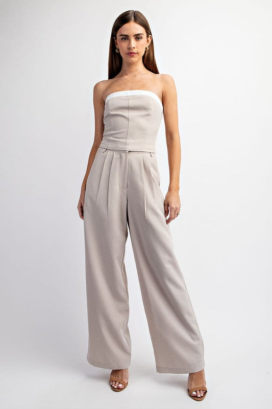 model is wearing Taupe Elastic Tube Top with matching pants and beige heel sandals 