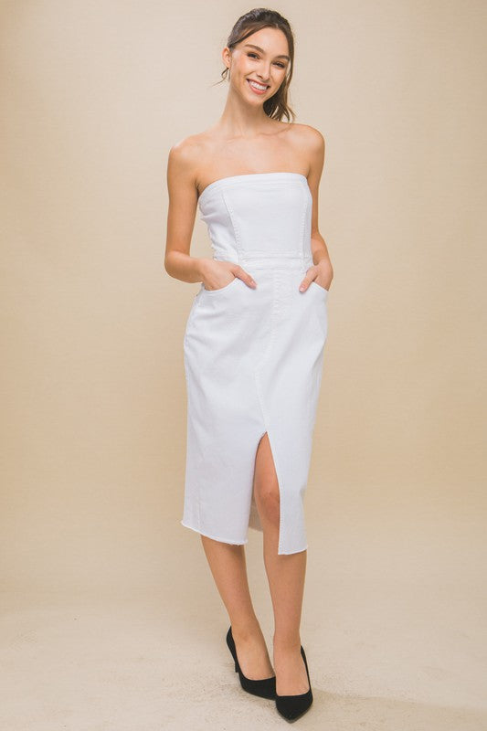 model is wearing White Denim Strapless Dress