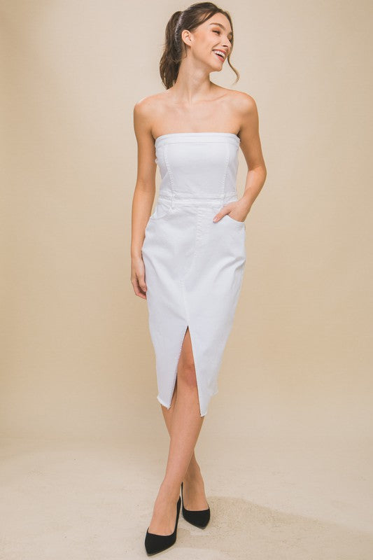 model is wearing White Denim Strapless Dress with black heels 