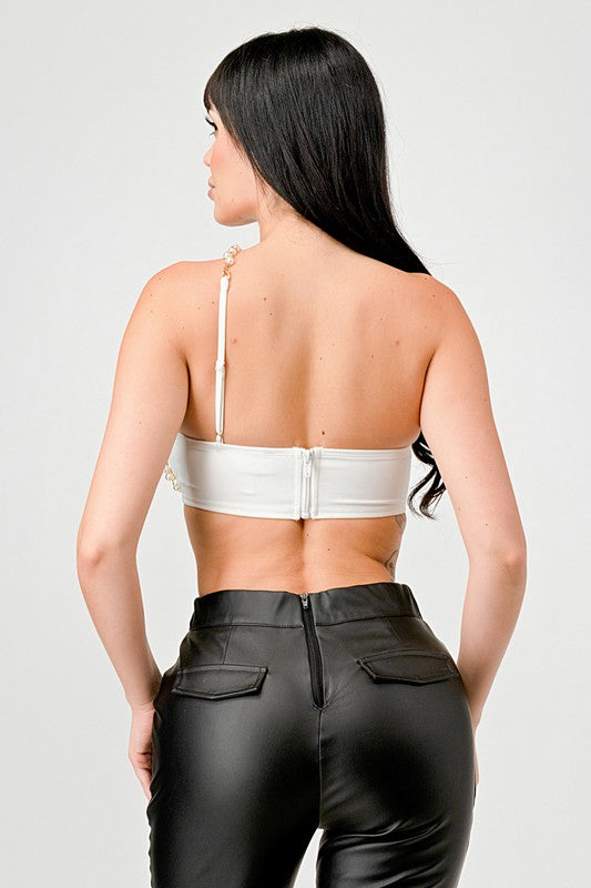 STYLED BY ALX COUTURE MIAMI BOUTIQUE Model is wearing White Luxe Pearl Trim Sweetheart Bralette Cropped Top  back view 