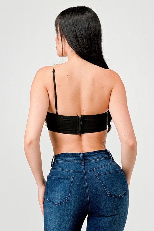 STYLED BY ALX COUTURE MIAMI BOUTIQUE Model is wearing Black Luxe Pearl Trim Sweetheart Bralette Cropped Top  back view of the top 