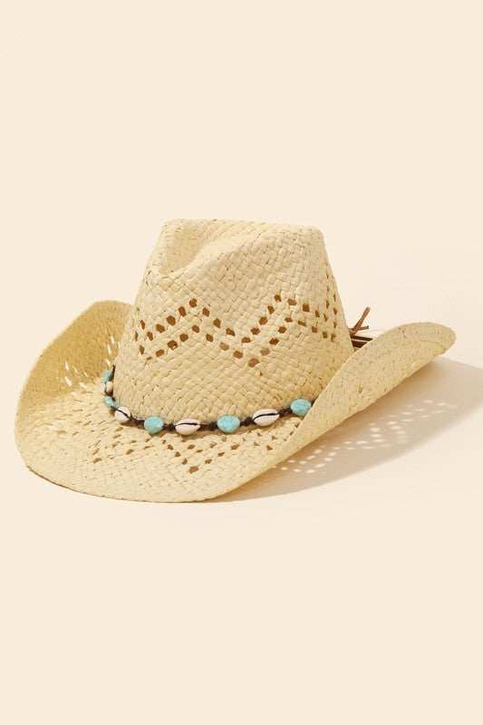 STYLED BY ALX COUTURE MIAMI BOUTIQUE Ivory Cowrie Shell Bead Rope Strap Straw Hat 