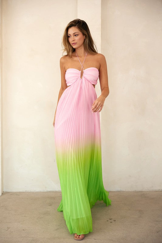 model wearing Pink Lime Sweetheart Halter Neck Pleated Maxi Dress with high heels 