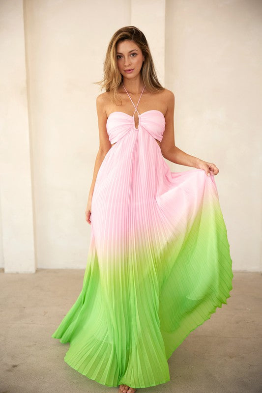 model wearing Pink Lime Sweetheart Halter Neck Pleated Maxi Dress