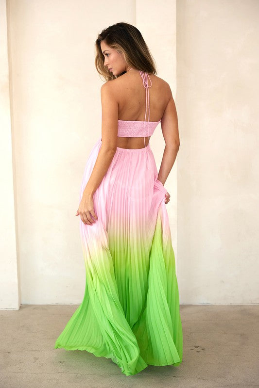 side back of the model wearing Pink Lime Sweetheart Halter Neck Pleated Maxi Dress
