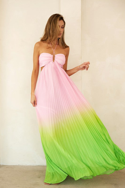 model wearing Pink Lime Sweetheart Halter Neck Pleated Maxi Dress 