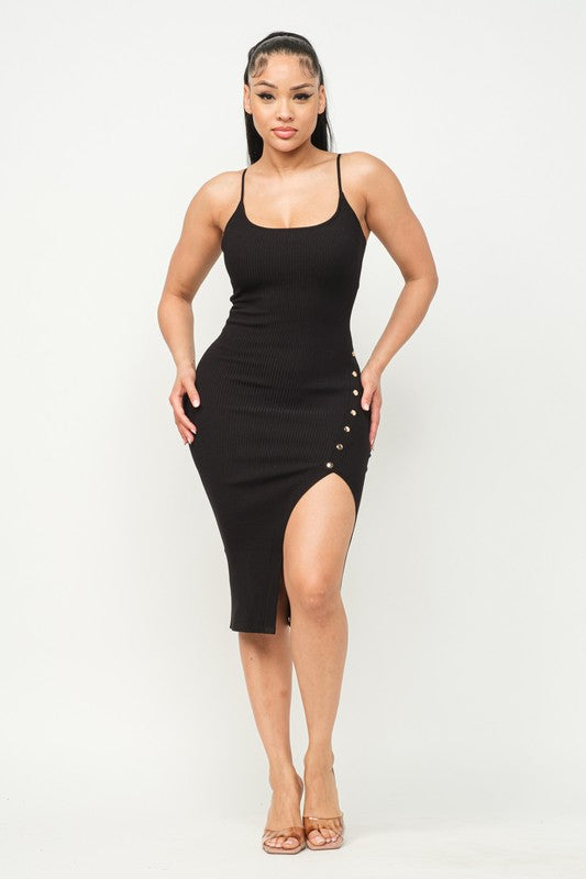 model is wearing Black Tank Snap Side Midi Dress 