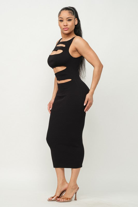 side of the Black Cutout Front Midi Dress