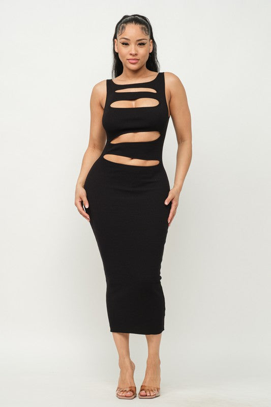 model is wearing Black Cutout Front Midi Dress 