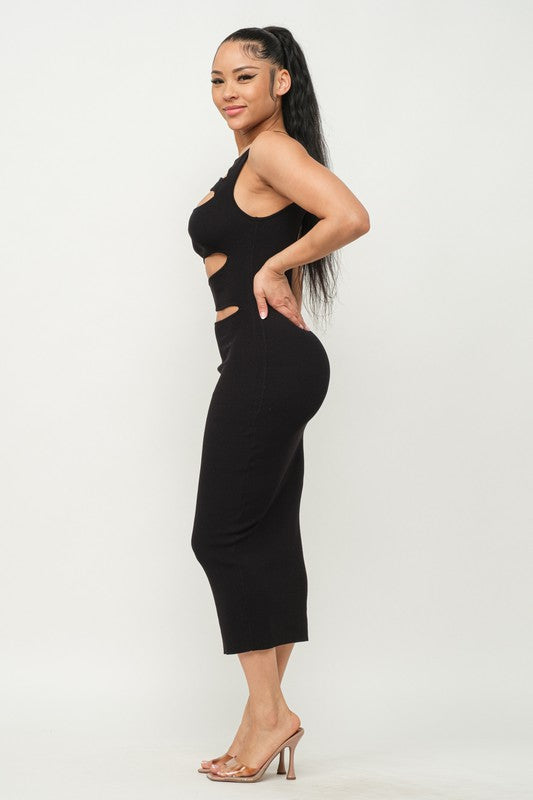 side of the Black Cutout Front Midi Dress