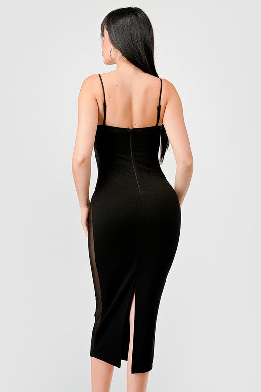STYLED BY ALX COUTURE MIAMI BOUTIQUE Model is wearing Black Luxe Sweethear See-Thru Contrast Midi Dress back view