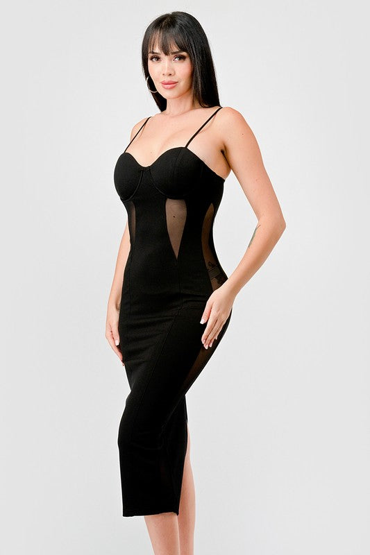STYLED BY ALX COUTURE MIAMI BOUTIQUE Model is wearing Black Luxe Sweethear See-Thru Contrast Midi Dress
