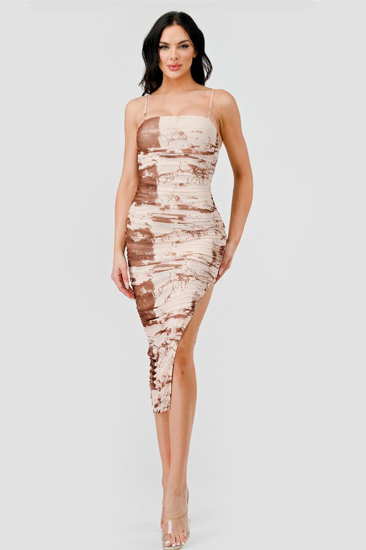 STYLED BY ALX COUTURE MIAMI BOUTIQUE Model is wearing Brown Luxe Tie Dye Mesh Print Ruched Slitted Midi Dress