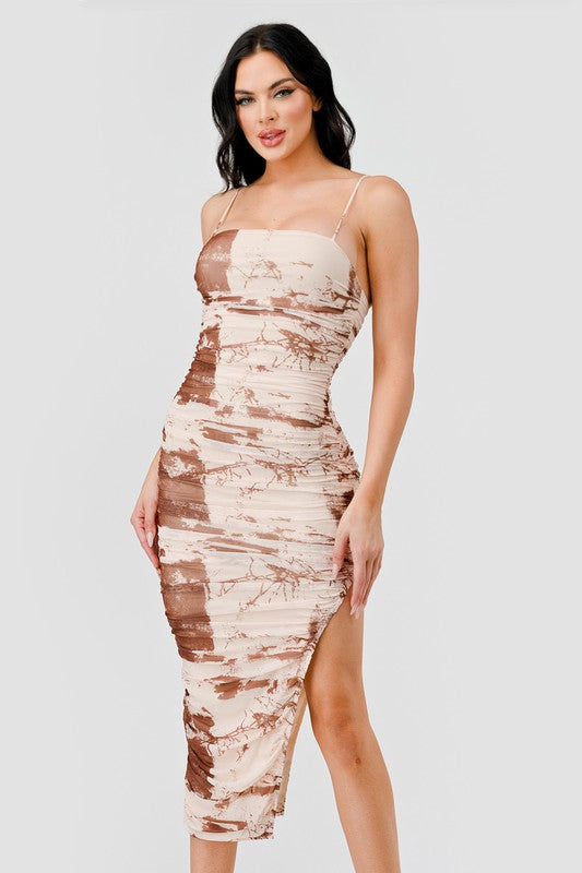 STYLED BY ALX COUTURE MIAMI BOUTIQUE Model is wearing Brown Luxe Tie Dye Mesh Print Ruched Slitted Midi Dress