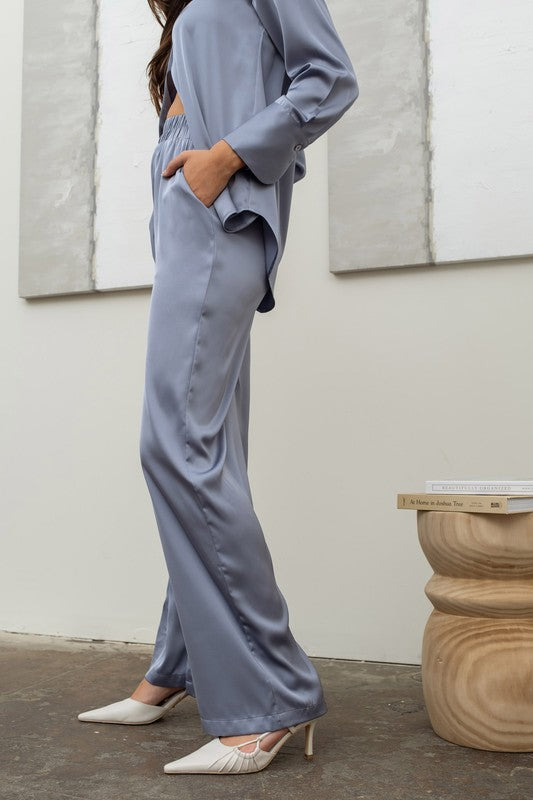 side of the Dusty Blue Satin Bell Bottom Pants 
